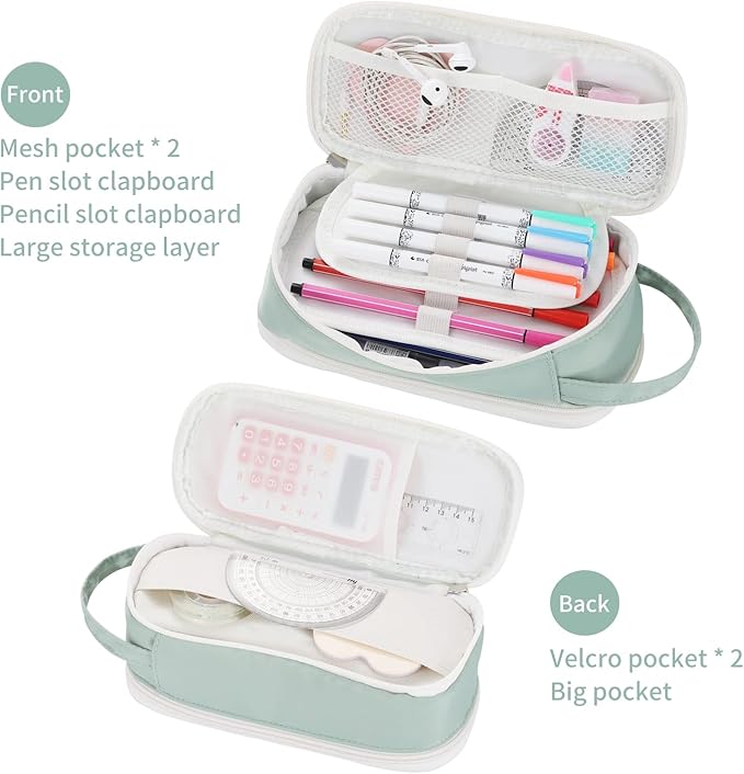 Dugio Big Pencil Case for Girls Teens Kids Zipper Pencil Pouch with Handle Organizer Pencil Bag Aesthetic Pencil Box for School Green-DeskLoop Office