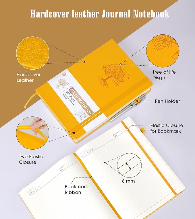 Lined Journal, 365 Pages A4 Large Hardcover Leather Notebook for Women Men, Daily Writing for Work, Note Taking, 100Gsm Thick Paper (8.5" x 11" Yellow)-DeskLoop Office
