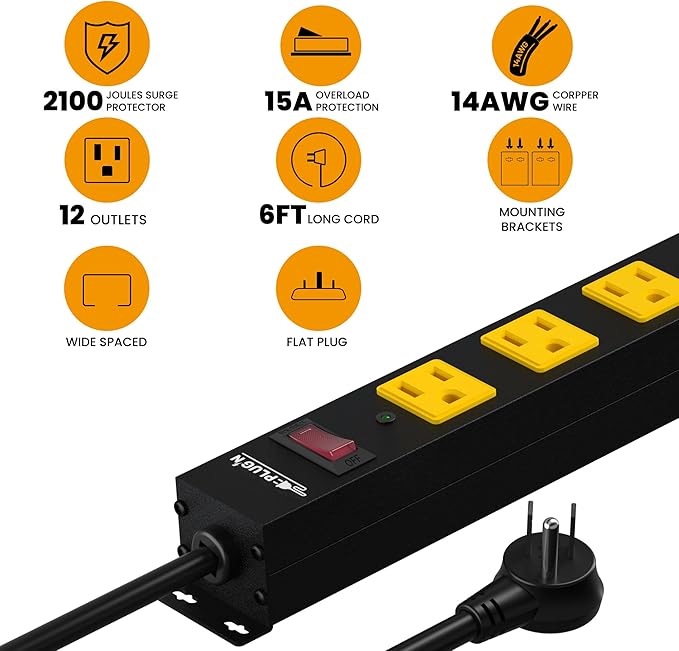 12 Outlet Long Power Strip, 2100 Joules Surge Protector, 6FT Power Cord, Wide Spaced Outlet Power Bar, Overload Protection Switch, Industrial Heavy Duty for Work Bench, Shop, Garage…-DeskLoop Office