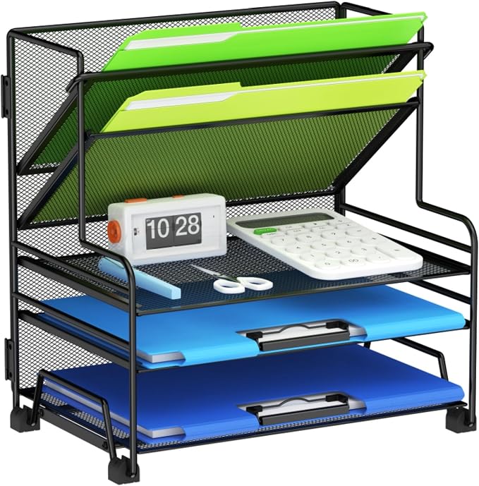 MINDEPOT 4-Tier Paper Organizer + 3-Pocket File Holder, Desktop File Organizers by MINDEPOT
