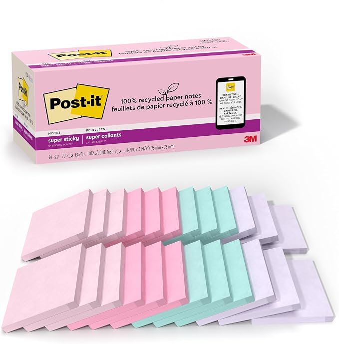 Post-it 100% Recycled Super Sticky Notes, 4 x 6 in, 4 Pads | School Supplies by Unknown