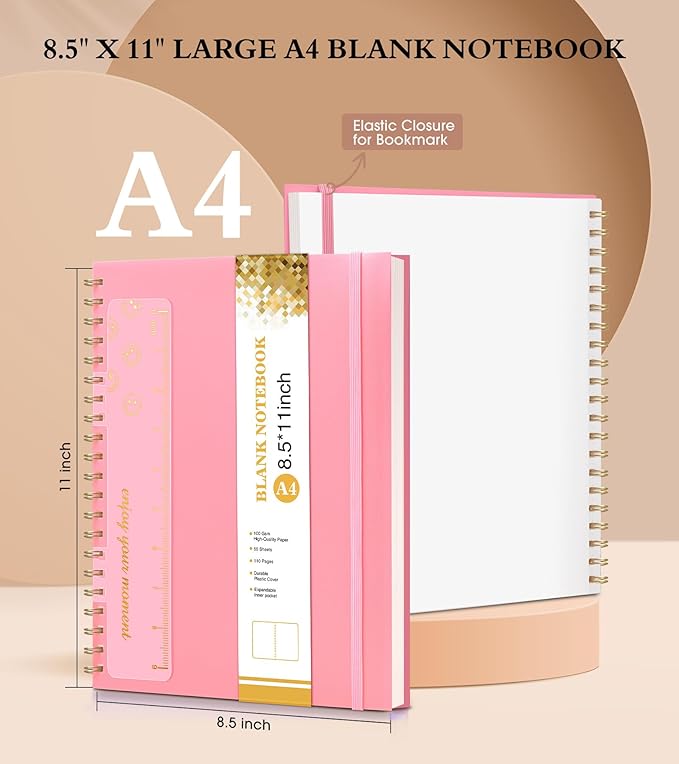 Blank Spiral Notebook Journal 8.5” x 11”, A4 Large Pink Sketch Book for Women Men, 100 GSM Blank Paper Drawing Notebook, Plastic Hardcover Spiral Bound Sketchbook for Sketching Work School Writing-DeskLoop Office