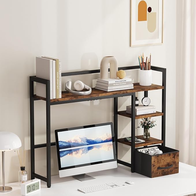 Marbrasse Desk Shelf with Drawer, Wooden Desktop Bookshelf Storage Rack - Image 2