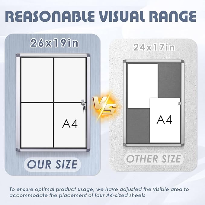 Enclosed Bulletin Board Lockable Display Case Message Board with Locking Door for Indoor, Black Felt, Silver Aluminum Frame, 26x20inch(4XA4)-DeskLoop Office