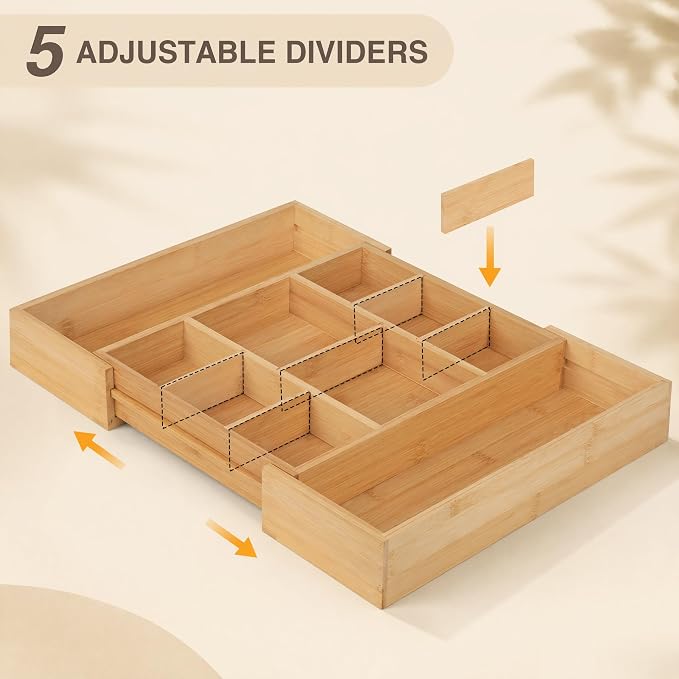 Bamboo Drawer Organizer Expandable Desk Storage Set, 10 Adjustable Compartment - Image 4