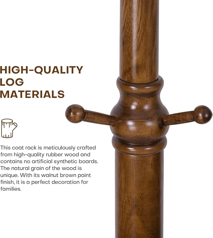 Wood Coat Rack Coat Tree Freestanding with Hooks, Heavy Duty Standing Coat Rack with Solid Round Base, 74” Tree Shaped Coat Hanger Stand for Clothes, Hat, Jacket, Entryway Bedroom, Walnut-DeskLoop Office