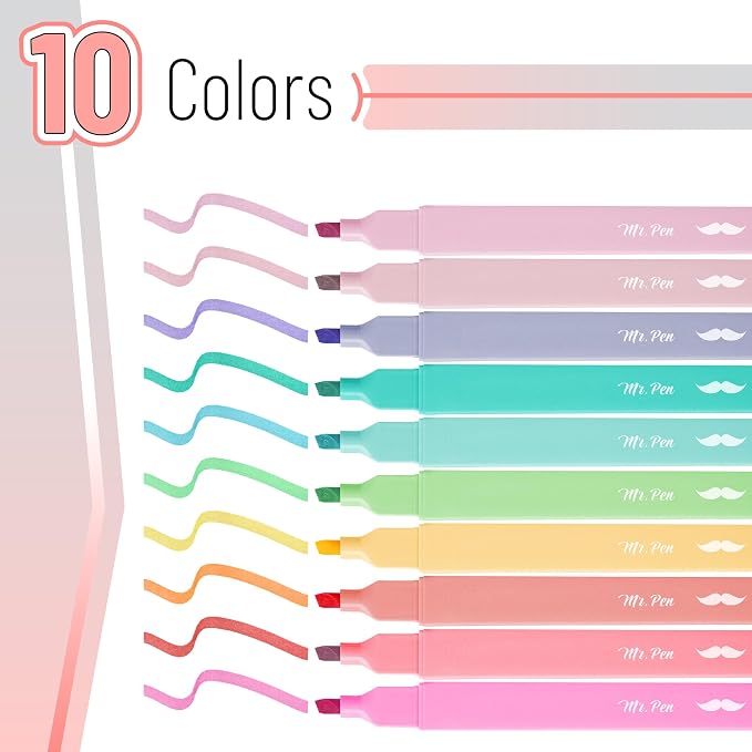 Mr. Pen- Aesthetic Highlighters No Bleed, 10 Pack, Pastel Colors | Chisel Tip - Image 2