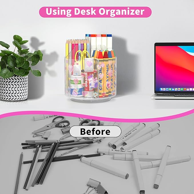 Acrylic Pencil Organizer for Desk 4 Compartments with Adhesive DIY Sticker, Rotating Art Supply Organizer with Kawaii Sticker Kids, Spinning Round Marker Organizer Small Supply Organizers Caddy-DeskLoop Office