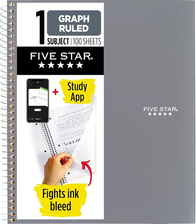 Five Star Spiral Notebook + Study App, 1 Subject, Graph Ruled Paper, 8-1/2" x by FiveStar