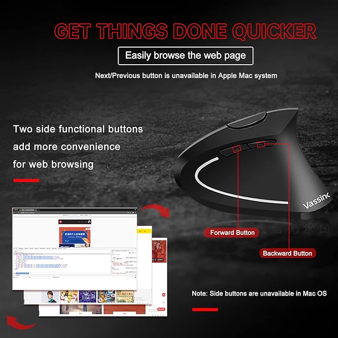 Vassink Ergonomic Mouse, Rechargeable Wireless Mouse, 2.4GHz Rechargeable Wireless Vertical Optical Mice with USB Receiver, 6 Buttons for Laptop, PC, Computer Black-DeskLoop Office