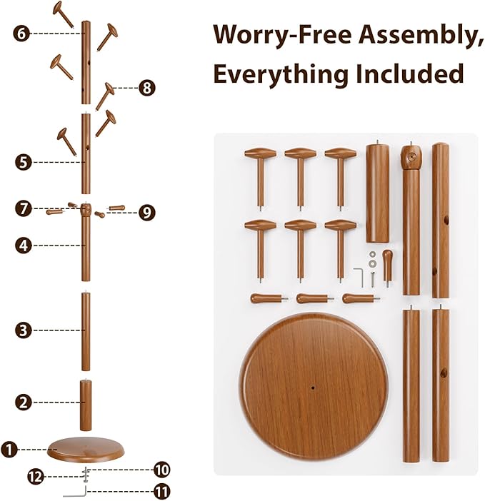 Solid Wood Coat Rack Freestanding Coat Tree with 10 Hooks for Bedroom, Livingroom, Entryway, Sturdy Coat Hanger Stand for Hats, Coats, Scarves, Handbags, Purses-DeskLoop Office
