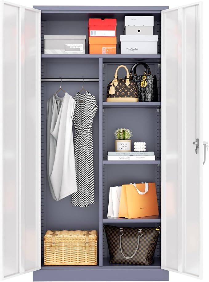 Greenvelly Metal Storage Wardrobe Cabinet with Lock, 72" White Grey Metal Wardrobe Closet for Hanging Clothes with Doors and Shelves, Modern Clothes Closet for Home, Office and Bedroom, School,Gym-DeskLoop Office