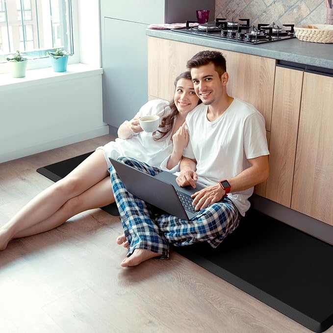 KitchenClouds 2PCS Kitchen Rugs Cushioned Anti-Fatigue Non-Slip Waterproof Kitchen Mat Comfort Foam Standing Mat for Floor Office Sink Laundry (Black)-DeskLoop Office