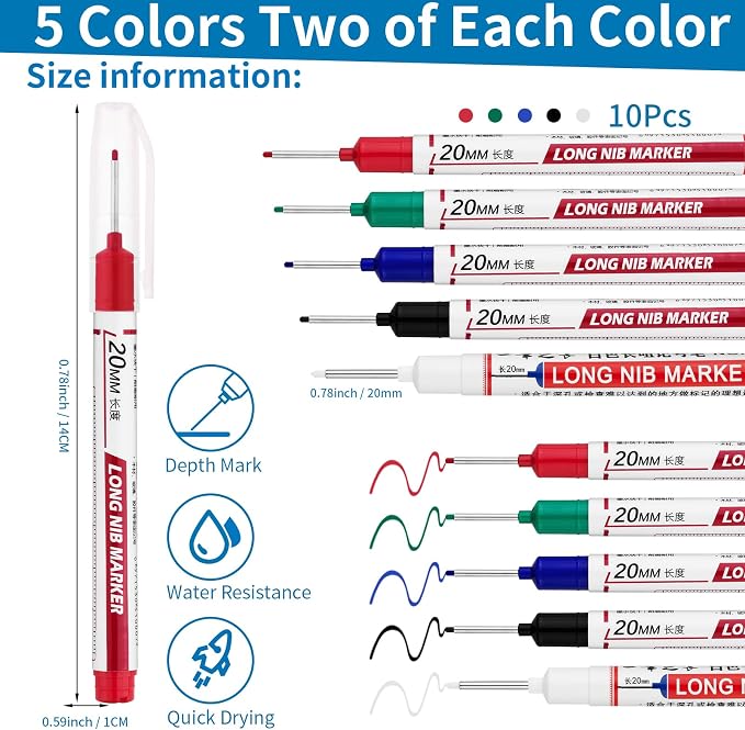 10 PCS Long Head Deep Hole Marker Pens, 20mm Long Nib Marker, Longs Nose Markers - Image 2