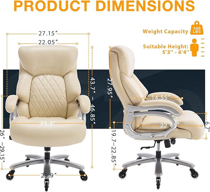 Big and Tall Office Chair for Heavy People, 500LBS High Back Extra Wide Heavy Duty Executive Office Chair Comfortable for Home, Large Computer Desk Chairs with Adjustable Lumbar Support Beige-DeskLoop Office