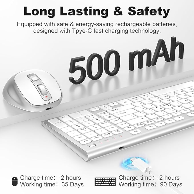 FENIFOX Wireless Keyboard and Mouse, Ergonomic Rechargeable Silent Quiet Slim Compact Full-Size USB C with Number Pad Flat Soft Cover for PC Computer Laptop Mac MacBook iMac TV Windows - Silver White-DeskLoop Office