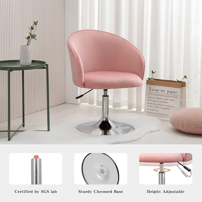 Furnimart Velvet Vanity Chair with Chrome Frame, Height Adjustable & Swivel, Pink - Living Room, Bedroom, Office-DeskLoop Office