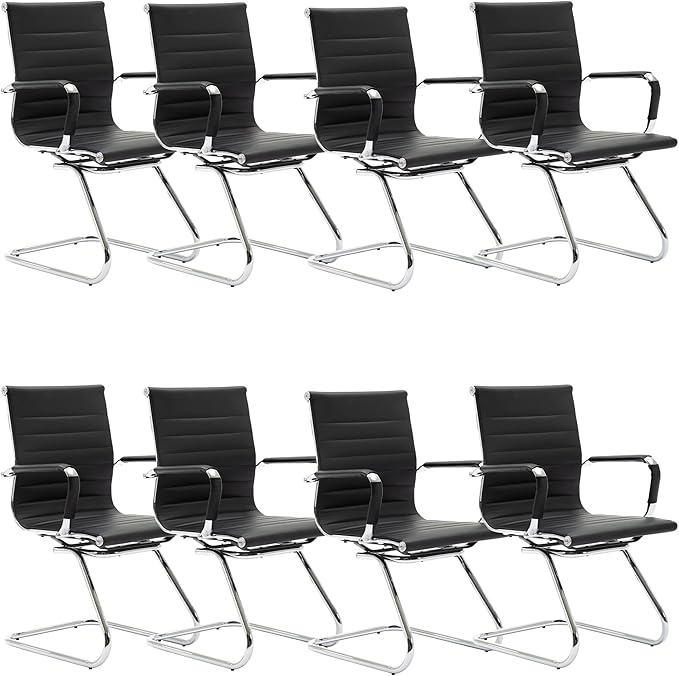 Black Office Desk Chair No Wheels Set of 8 PU Leather Computer Chairs Mid Back Guest Chairs for School Reception Conference Waiting Room, Black-DeskLoop Office
