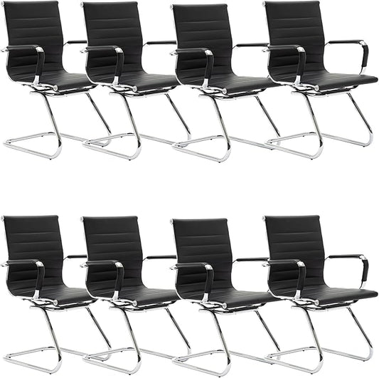 Black Office Desk Chair No Wheels Set of 8 PU Leather Computer Chairs Mid Back Guest Chairs for School Reception Conference Waiting Room, Black-DeskLoop Office