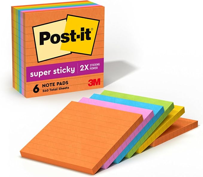 Post-it Super Sticky Notes, 4 x 4 in, Neon Fizz, 6 Lined Pads | School Supplies by Unknown