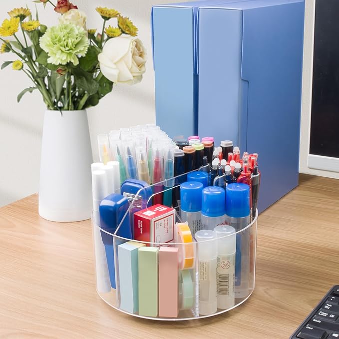 Acrylic Pen Holder, 2 Pack 360 Rotating Organizer With 6 Compartments, Desk Office Storage for 800 Pens, Markers, Crayons and Art Supplies-DeskLoop Office