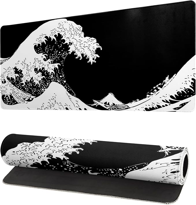 Japanese Sea Wave Large Mouse Pad, Abstract Black Gaming Mousepad, Extended by Siski