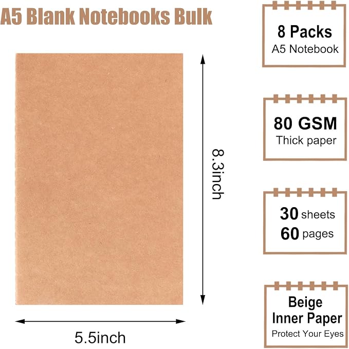 EOOUT 8 Pack Blank Kraft Notebooks, A5 Journals Notebook Bulk, Unlined Paper - Image 2