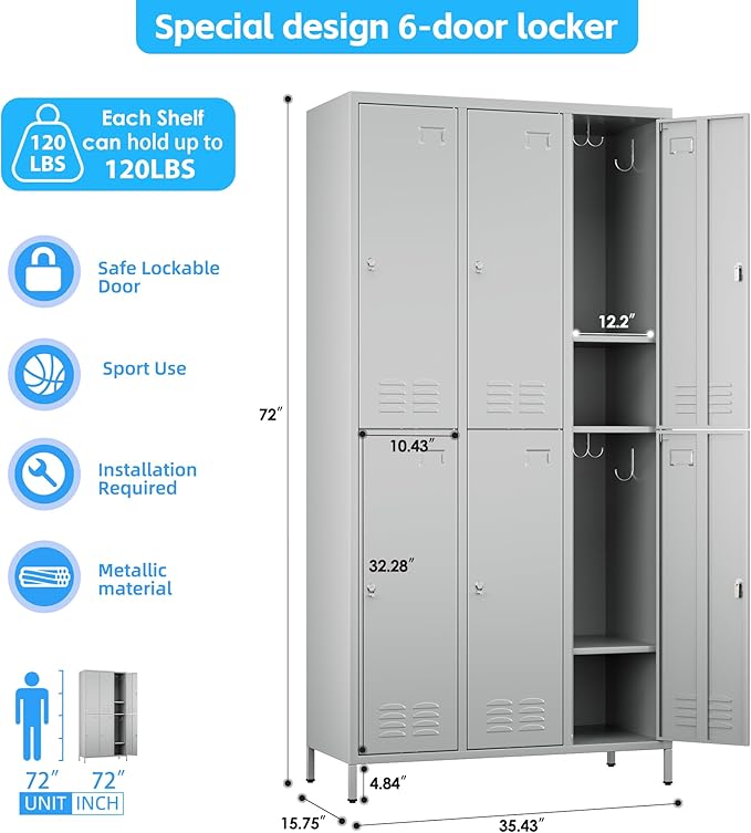 6 Doors Metal Locker with Business Card Holder,Metal Locker for Employees with 18 Hooks for School Garage Office Gym Home,Assembly Required,Light Grey-DeskLoop Office