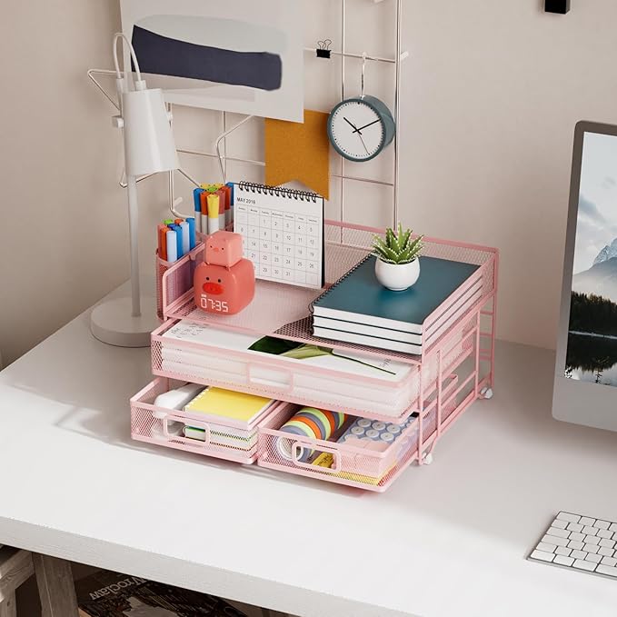 Marbrasse 3 Tier Mesh Desk Organizer with Drawer, Multi-Functional Desk Organizers and Accessories, Paper Letter Organizer with 2 Pen Holder for Home Office Supplies (Pink)-DeskLoop Office
