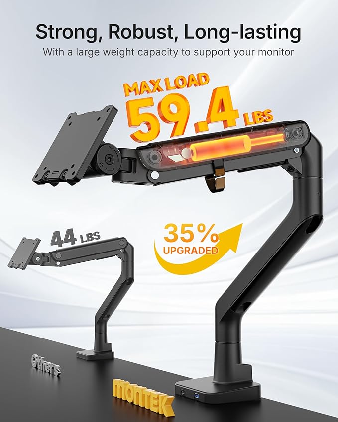 monTEK Single Monitor Arm with USB A/C, Ultrawide Monitor Stand for 17 to 57 Inch Curved Screen, Holds 59.4 lbs, Adjustable Gas Spring Arm, 75/100 VESA Mount, Clamp & Grommet Desk Mount, Black-DeskLoop Office