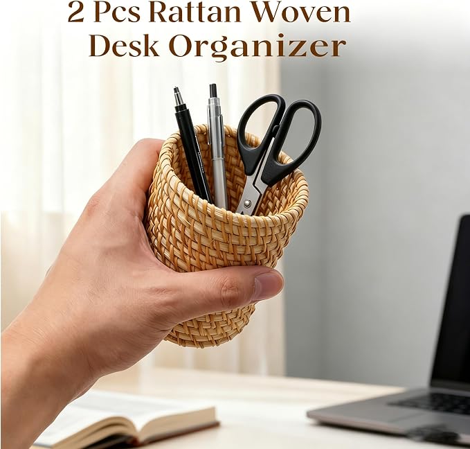2 Pack Rattan Pencil Holder for Desk Handmade Pen Organizer Bucket Boho Desk - Image 3