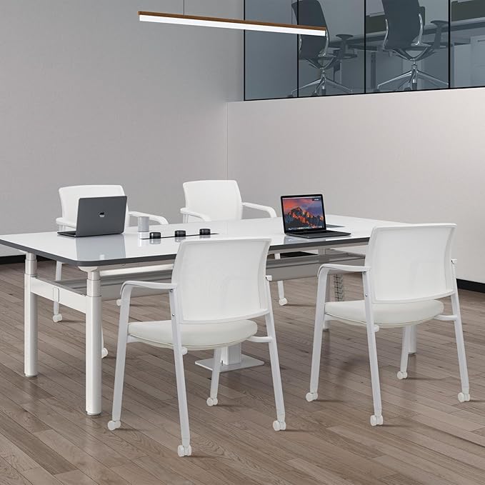 CLATINA Stacking Office Chairs with Wheels | Mesh Back, Thicken Leather Seat and Streamline Armrests, Ergonomic Lumber Support | School, Desk, Guest Reception, Waiting, Conference, White-DeskLoop Office