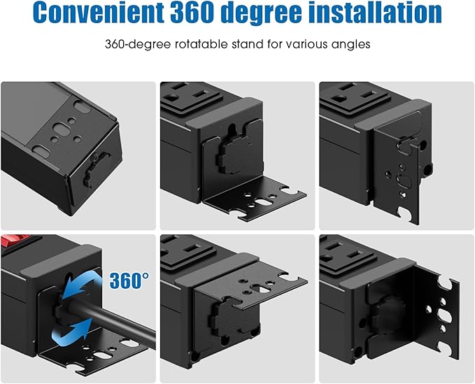 HHSOET Rotating Mountable Power Strip, 12 Outlet Wall Mount Surge Protector, Metal Heavy Duty and Versatile Outlet Strip, Stylish Appearance, Sturdy and Durable, 15ft Power Cord.(Black)-DeskLoop Office