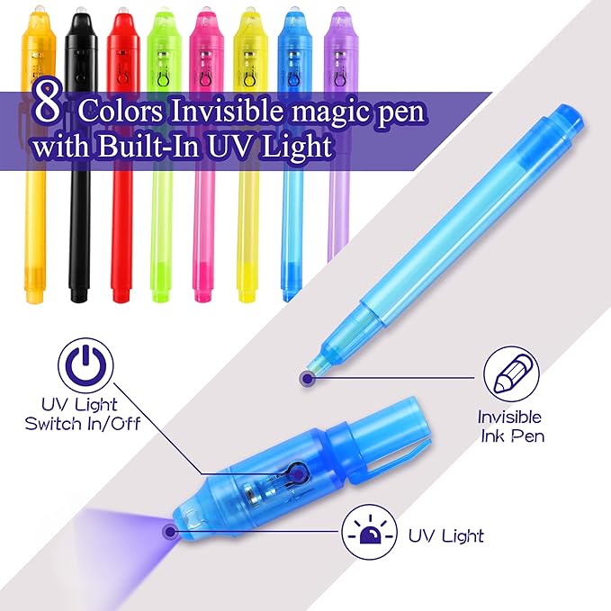 8Pcs Invisible Ink Pen Set with UV Light, Mini Notepads & Favor Bags, Magic Pen Disappearing Ink, Spy Pens for Kids, Fun Party Favors for Kids 8-12, Detective & Escape Room Themes-DeskLoop Office