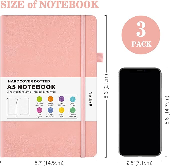 Dotted Journal Notebook 3 Pack, A5 Hardcover Notebook with 120gsm Thick Dotted Paper, Leather Journals for Women, Men, Dot Grid Notebook Journal for Writing, Notebooks for Work, School, 5.75" × 8.38"-DeskLoop Office