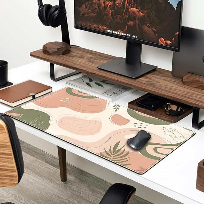 Boho Green Cream Desk Mat Boho Kawaii Green Mouse Pad Cute Desk Mat, Large Aesthetic Mouse Pad XL Desk Decor for Women with Stitched Edge Mouse Desk Pad for Keyboard and Mouse Desk Pad, 31.5x15.8in.-DeskLoop Office