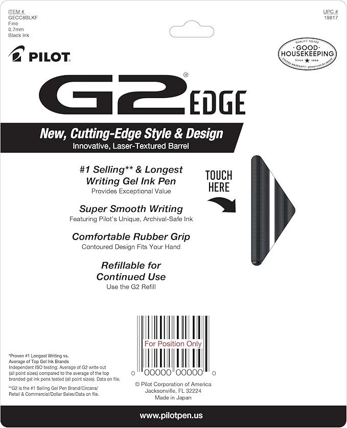 Pilot, G2 Edge Premium Gel Roller Pens, Fine Point 0.7 mm, Black, Pack of 8-DeskLoop Office