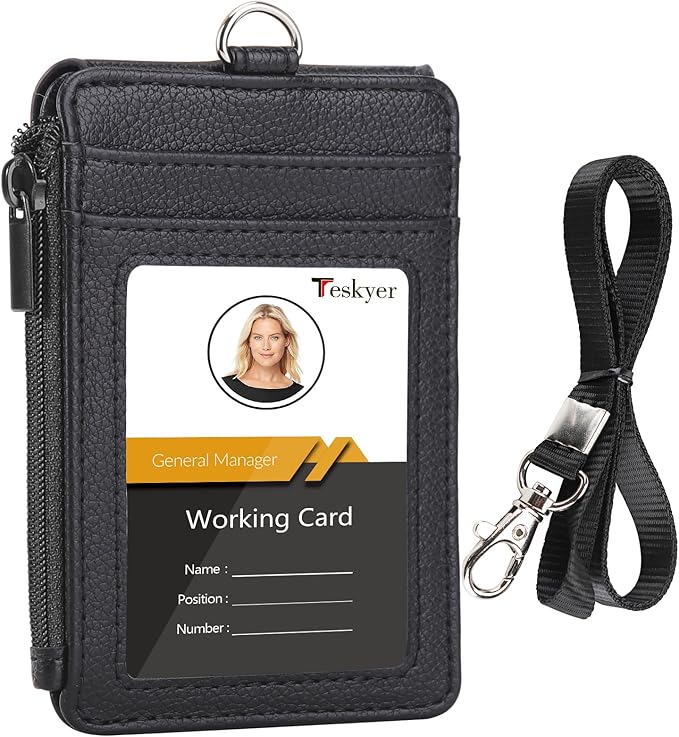 Teskyer ID Badge Holder with Lanyard, Lanyard Wallet, Lychee Black | 4-Card by TESKYER