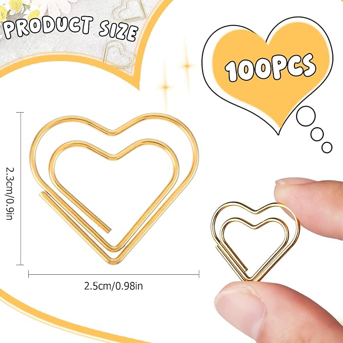 Adullpony Cute Metal Heart Paper Clips: Love Shape Gold Binder Paperclips Mini - Image 2