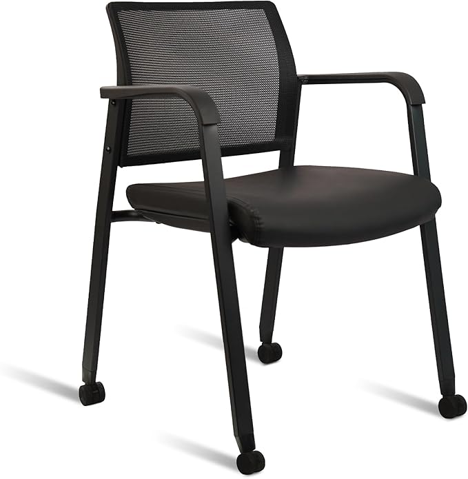 CLATINA Stacking Office Chair with Wheels, Mesh Back Waiting Room Guest Chairs with Arms Comfortable Leather Cushion Stackable Desk Chair for Conference Reception School Side Stationary, Black-DeskLoop Office