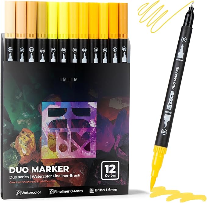 ZSCM Yellow Duo Tip Marker Pens, 12 Pack Fine & Brush Markers by ZSCM