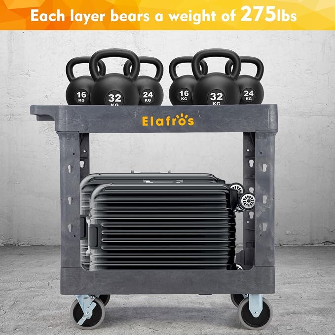 ELAFROS 2-Tier Heavy Duty Rolling Cart, 34 x 17 in, 2 Fixed 2 Swivel, Deep Tub - Image 6