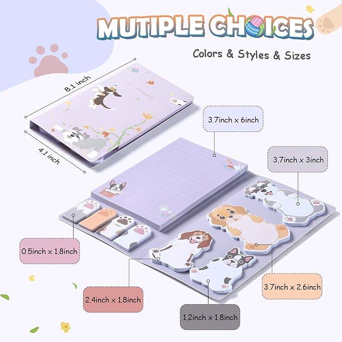 Hommie Cute Sticky Notes, Dog Sticky Notes Set Planner Dividers Self-Stick Notes Pads Animal Divider Tabs Bundle Writing Memo for Dog Lovers Home Office School Supplies-DeskLoop Office