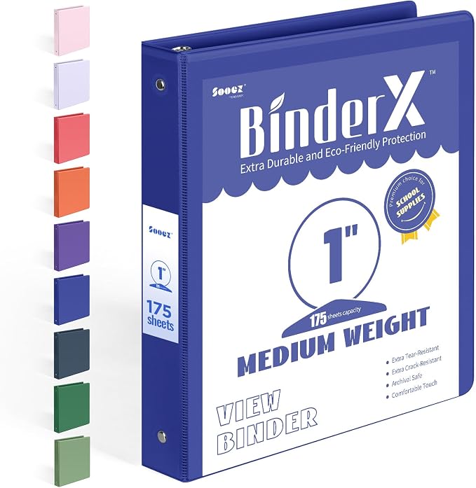BinderX Extra Durable 3 Ring Binder, Round Rings 1 Inch Binder, Fits 175 Sheets by Sooez