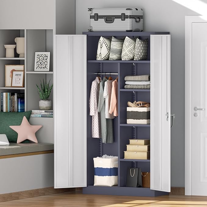 Greenvelly Metal Storage Wardrobe Cabinet with Lock, 72" White Grey Metal Wardrobe Closet for Hanging Clothes with Doors and Shelves, Modern Clothes Closet for Home, Office and Bedroom, School,Gym-DeskLoop Office