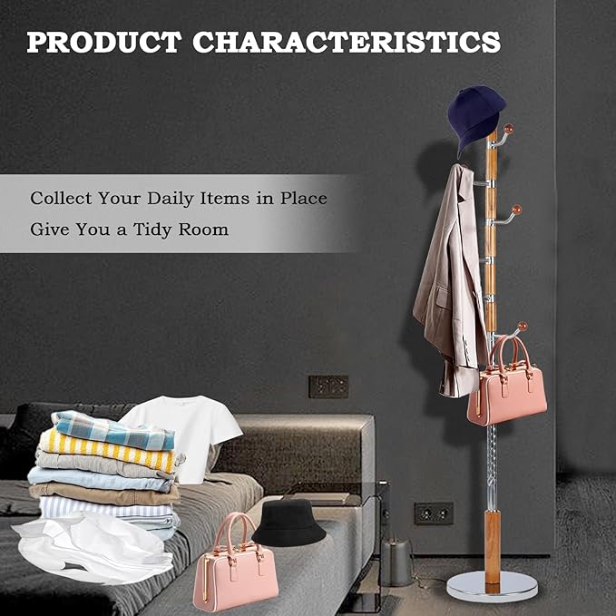 Coat Racks FreeStanding with 14 Hooks, Natural Wood Coat Rack with Solid Round Base, Adjustable Height Coat Racks, Easy Assembly for Hallway, Bedroom and Office (Solid Wood Metal Hook)-DeskLoop Office