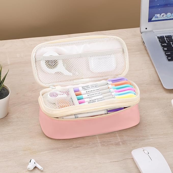 Pencil Case for Girls Kids Teens Adults Big Pencil Bag with Zipper Big Pen Pouch Large Stationery Pen Case Organizer for School Pink-DeskLoop Office