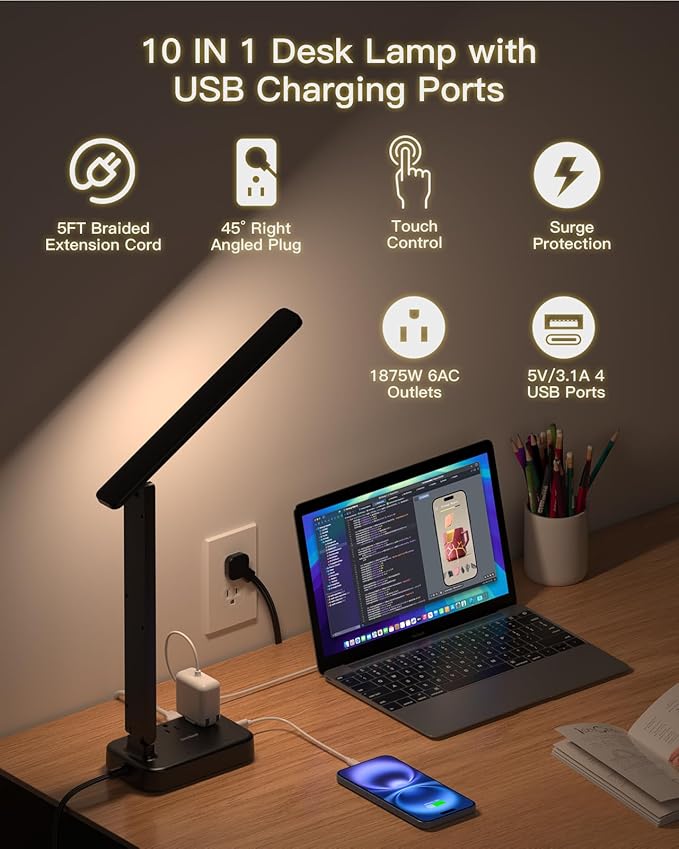 One Beat Desk Lamp with 6 Outlets 4 USB Ports(2×USB-C),Eye Protection Table Lamp Power Strip with 4 Color Modes 5 Brightness Touch LED Desk Lamps for Home Office College Dorm Room Essentials(Black)-DeskLoop Office