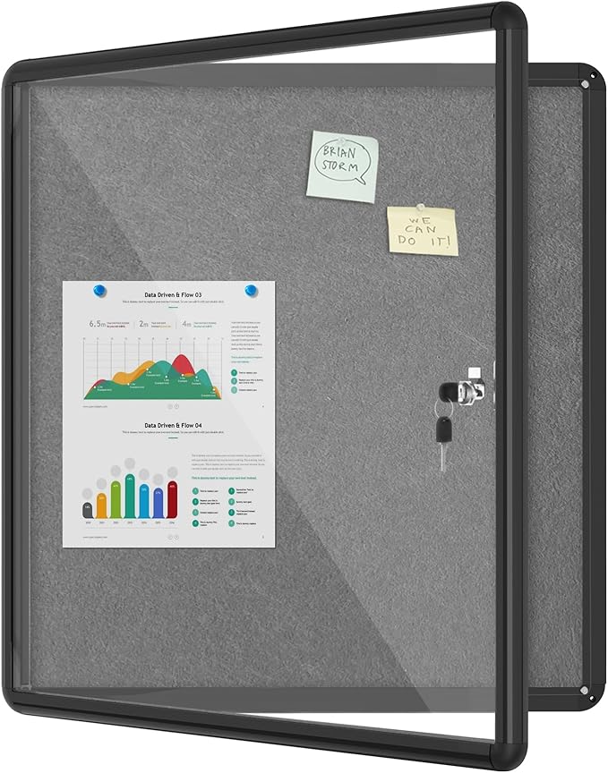 28"x26" Enclosed Bulletin Board, Lockable Weather-Resistant Aluminum Cork Noticeboard for School & Office, Black Frame w/Grey Flet-DeskLoop Office