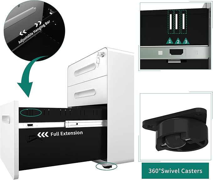 YITAHOME 3 Drawer Mobile File Cabinet, Metal Vertical File Cabinet with Lock, Filing Cabinet Under Desk fits Legal/A4 Size for Home Office, Fully Assembled, White-DeskLoop Office